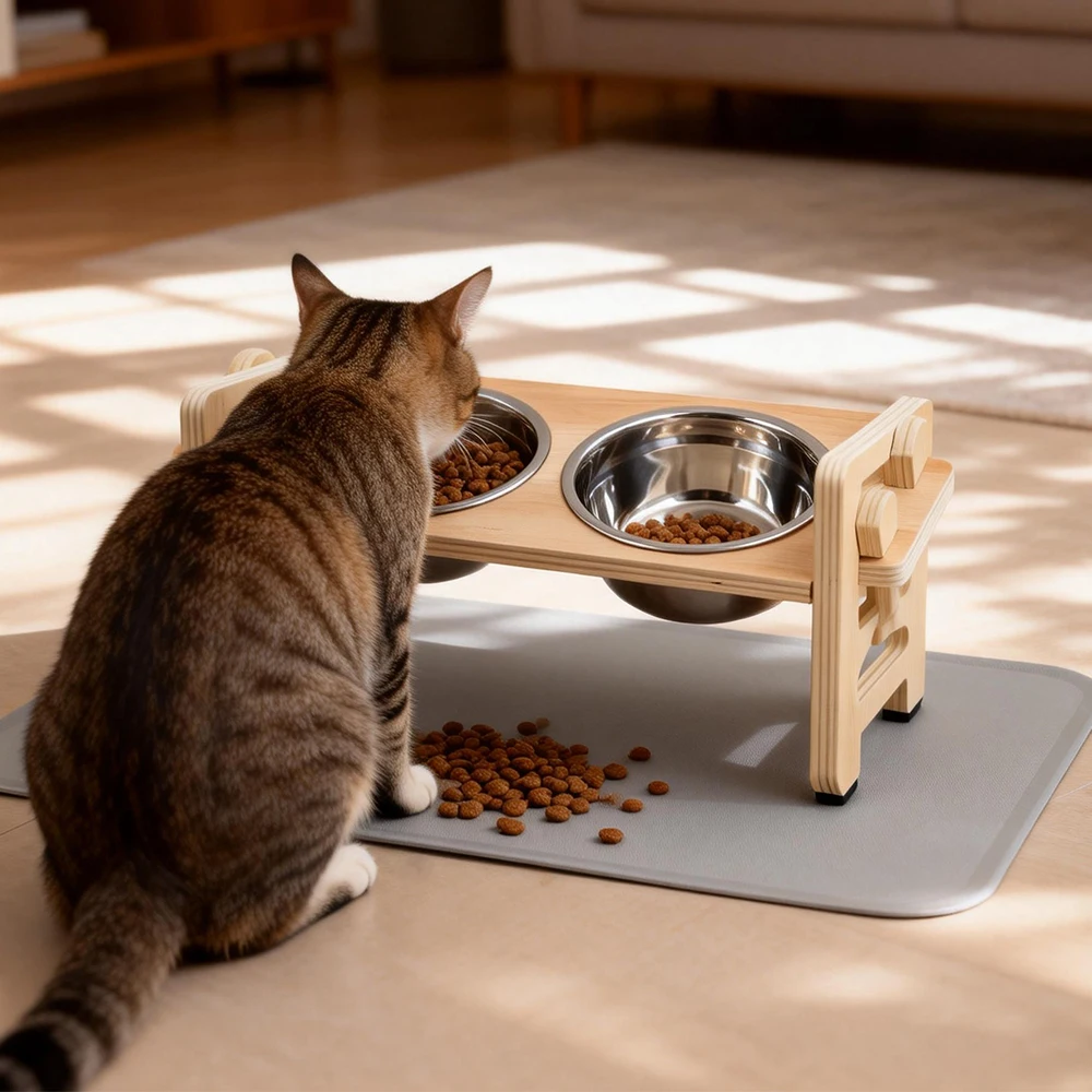 Soporte para comederos de gatos ajustable con tapete antiderrames