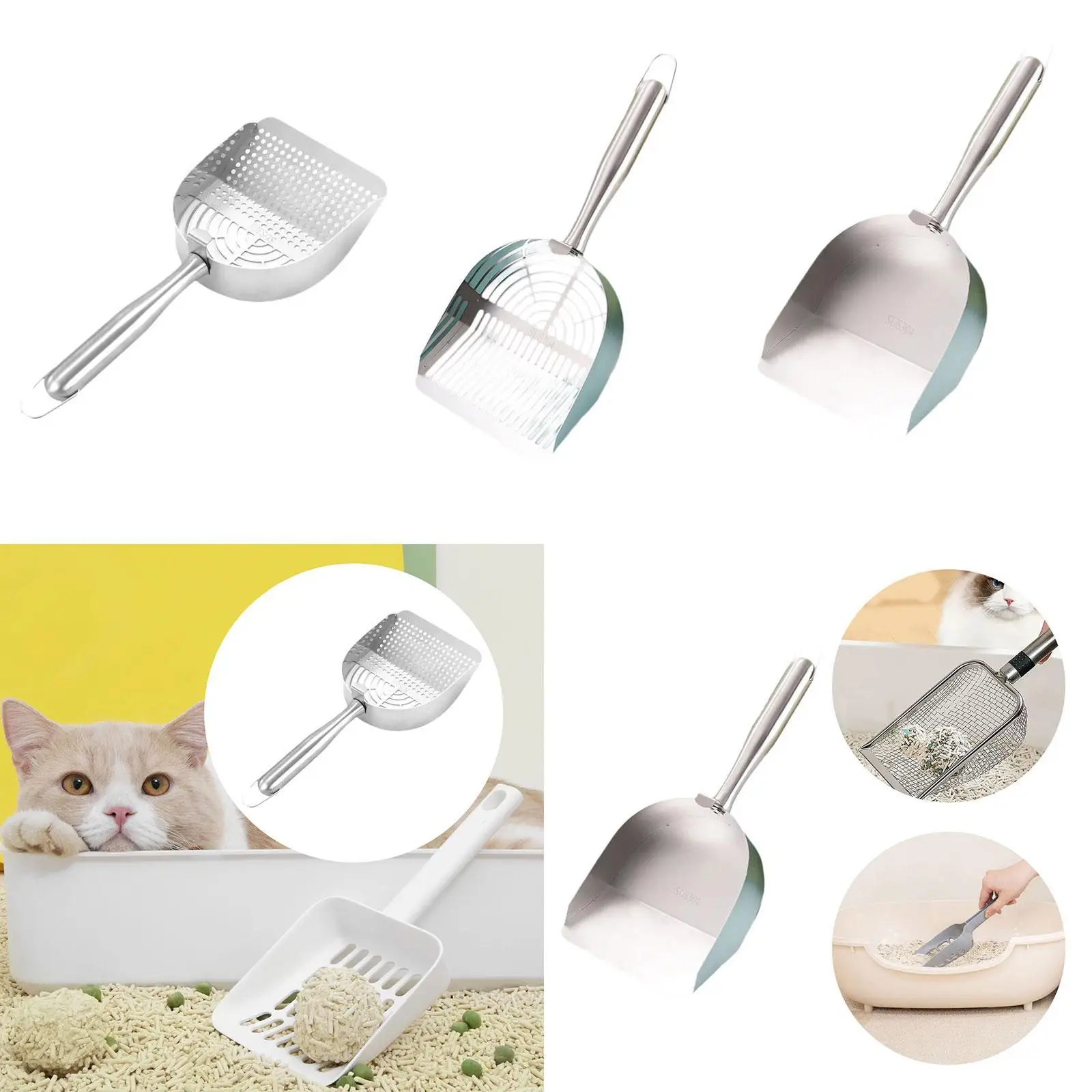 Pet Cats Litter Scoop Deep Sifting Stainless Steel Ergonomic Grip Sifting Scoop Kitten Waste Scooper for Cat Litter Tray Kitty