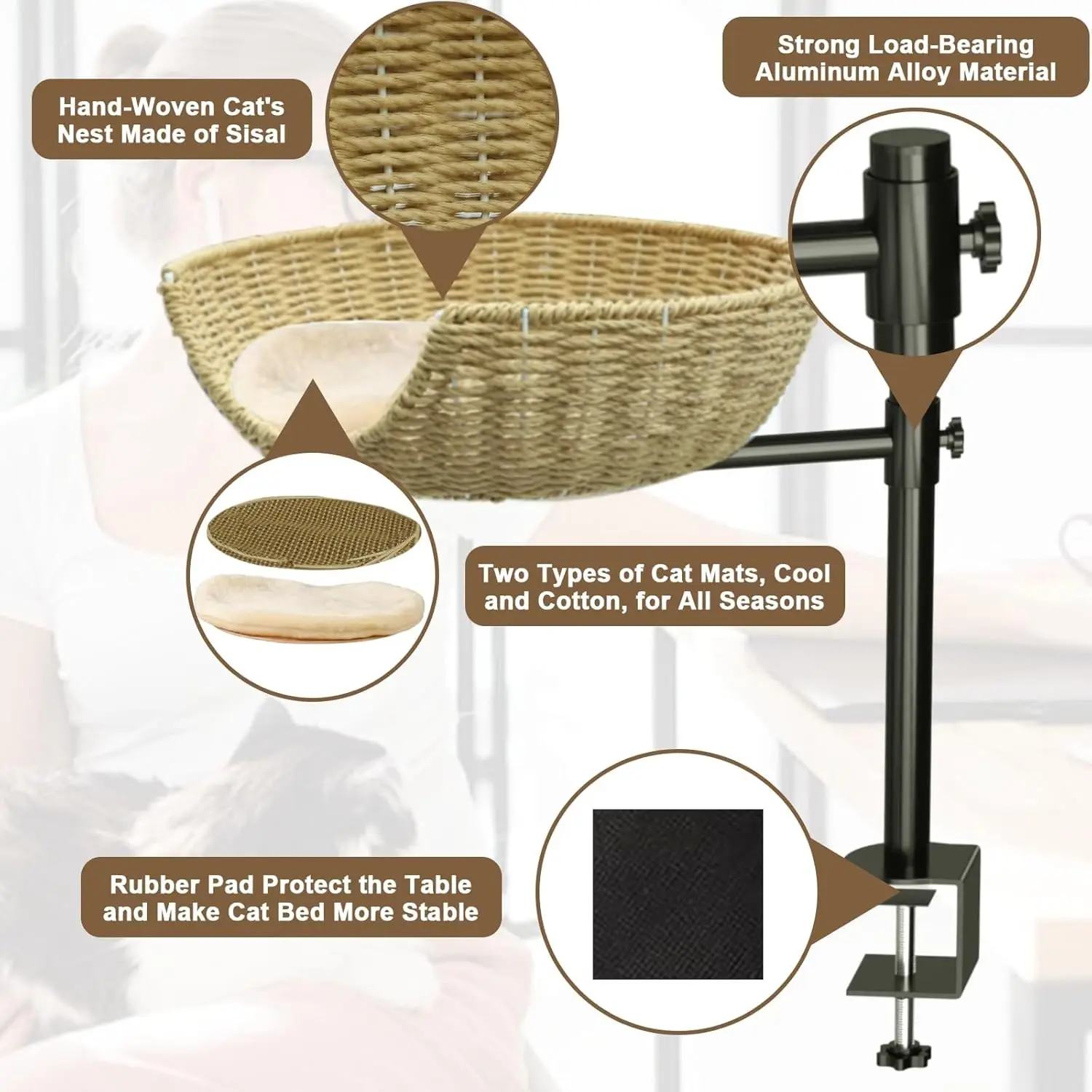 Cama de escritorio ratán para gatos con altura ajustable y giro 360 - imagen 5
