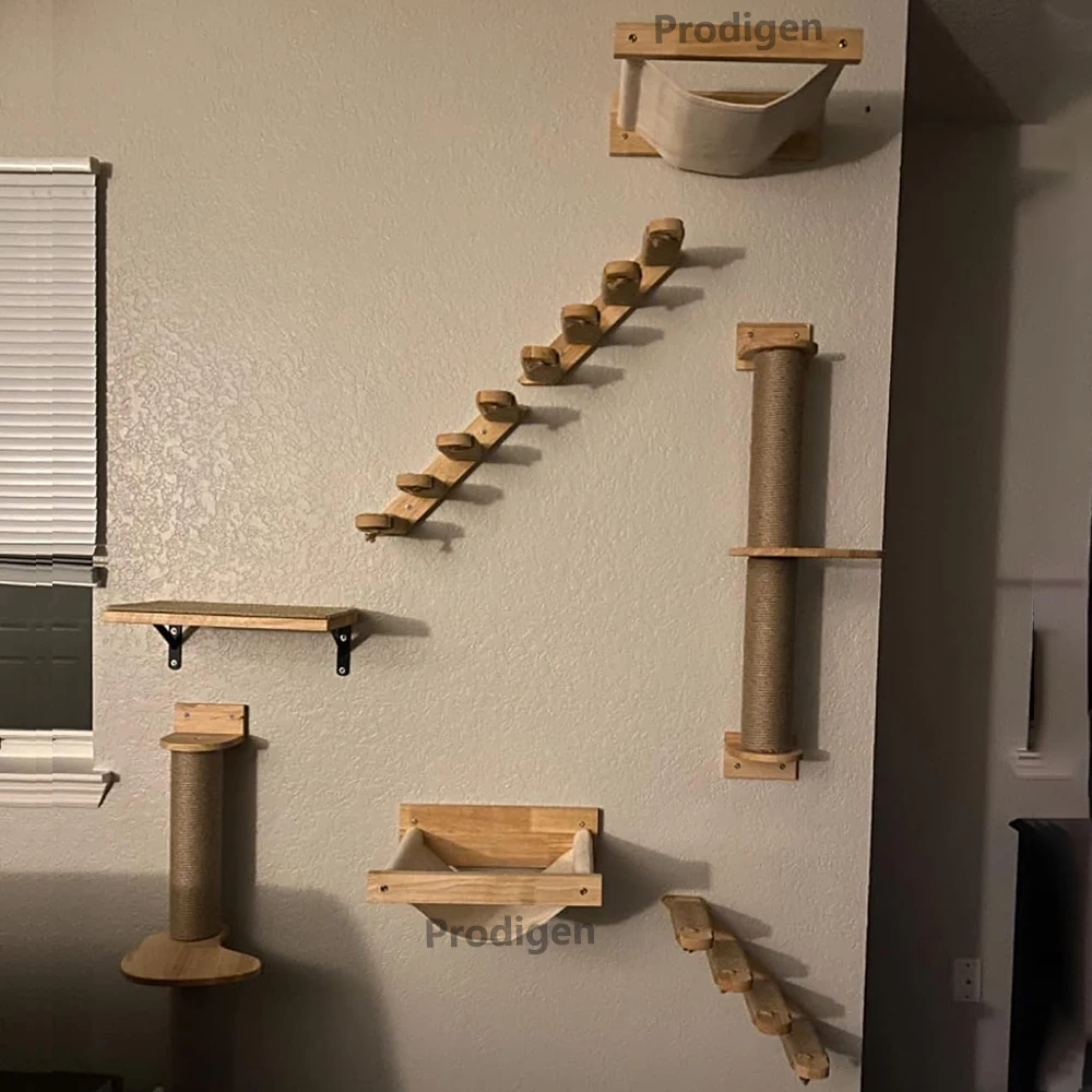 Estantes de escalada para gatos montados en la pared, rascador de muebles de madera, plataforma de salto, escalera de cuerda, para dormir y jugar - imagen 4