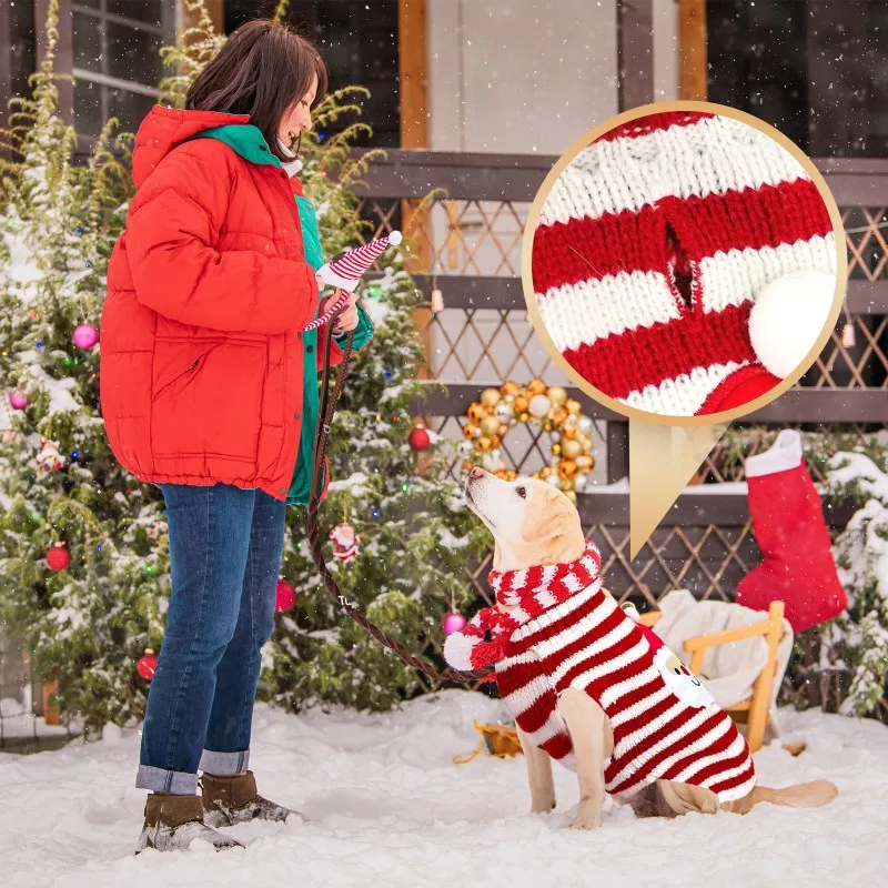 Suéter de Navidad para perros, ciervo, Papá Noel, estampado de hombre de jengibre, ropa de invierno a rayas para cachorros, disfraces de Navidad para perros y niñas, abrigo cálido para mascotas - imagen 4