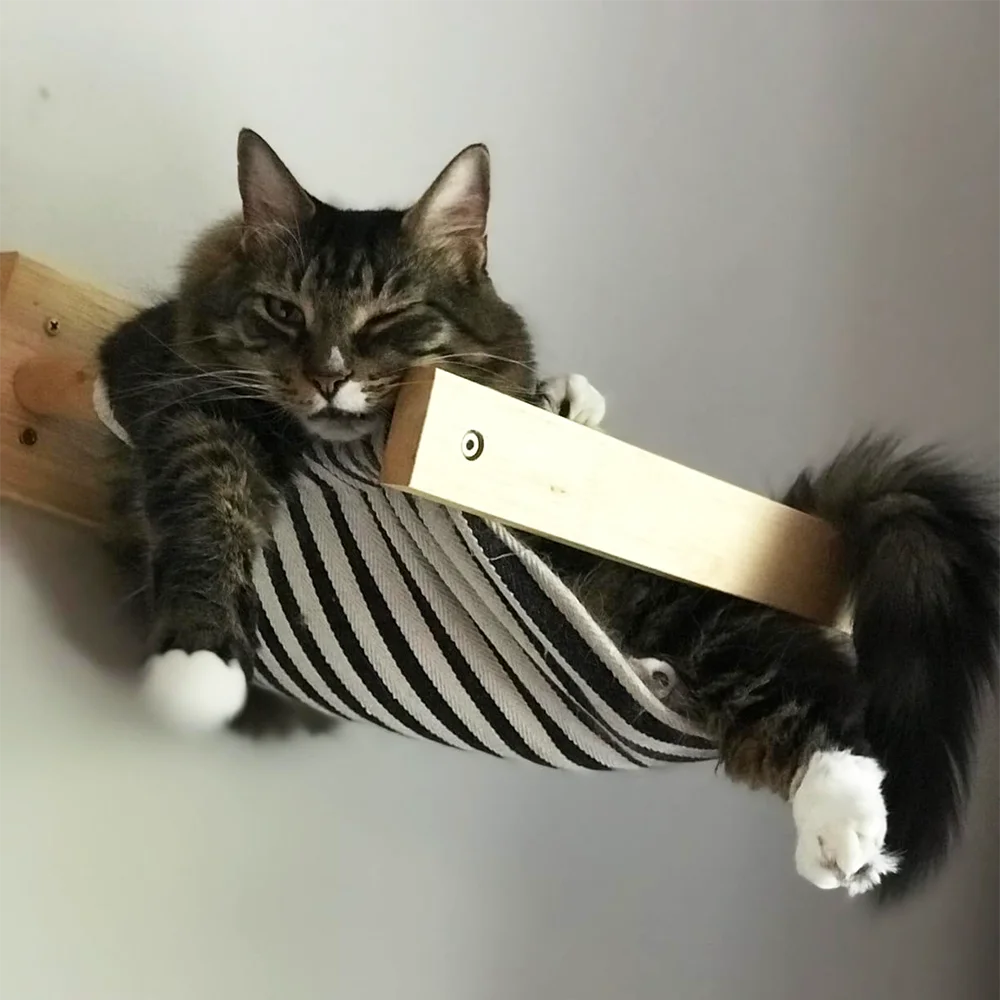 Juego de muebles de madera maciza montados en la pared, marco de escalada para gatos, hamaca, poste rascador, estante con plataforma de salto de Sisal, escalera - imagen 4