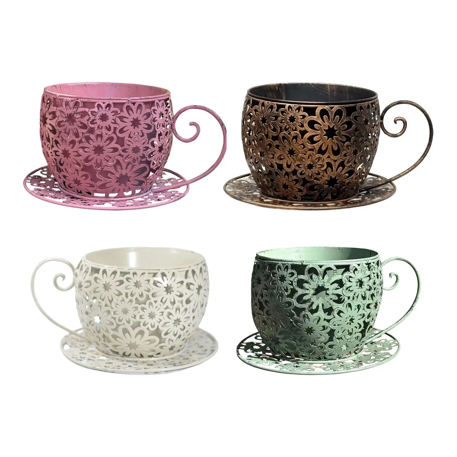 Creative Iron Planter Pot Elegant Teacup Flower Vase Vintage Art Balcony Decor for Indoor Outdoor Use