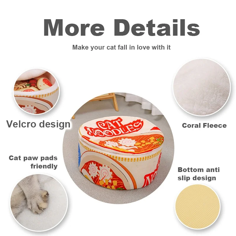 El nuevo nido de gato Ramen de dibujos animados de invierno amor cálido lindo cama de gato semicerrada se puede abrir y lavar - imagen 4
