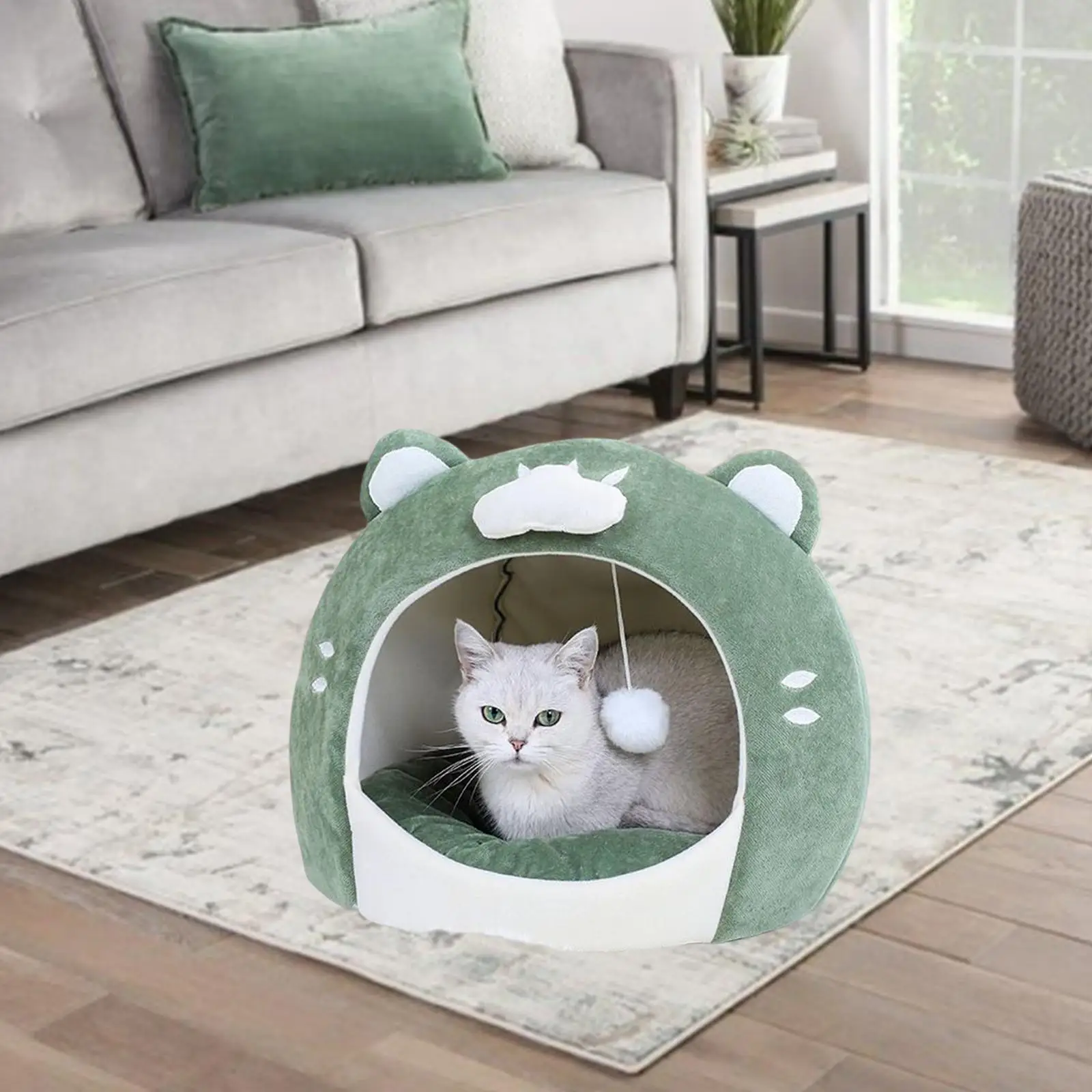 Cat Cave Bed Green Pet Cat House Hut with Plush Ball Cute Appearance Sturdy Construction Anti Slip Base Soft and Comfortable