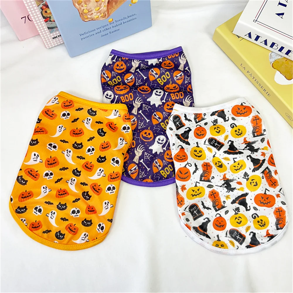 Chaleco de Halloween para cachorros, gatos, perros, calabaza, estampado de fantasma, ropa para mascotas para perros pequeños, chalecos de Pomerania Chiahuahua, ropa para mascotas, camisa - imagen 3