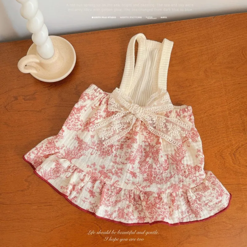 Ropa de moda para perros, falda Retro de estilo francés con lazo Floral, vestidos de princesa para cachorros, oso de peluche, falda con tirantes para perros pequeños - imagen 4