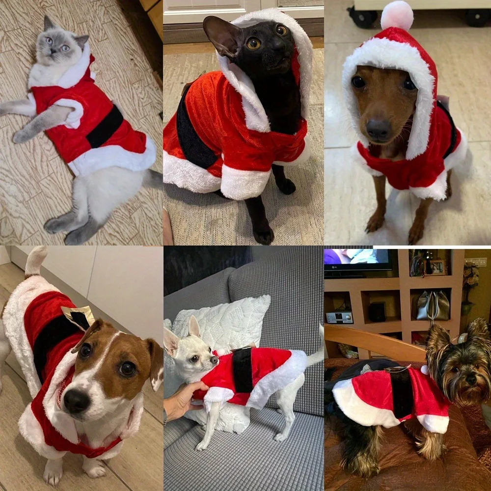 Disfraz navideño de Papá Noel para perros pequeños y gatos, chaqueta cálida con capucha de forro polar y sombrero, lindo vestido de Papá Noel para cachorro Chihuahua - imagen 4