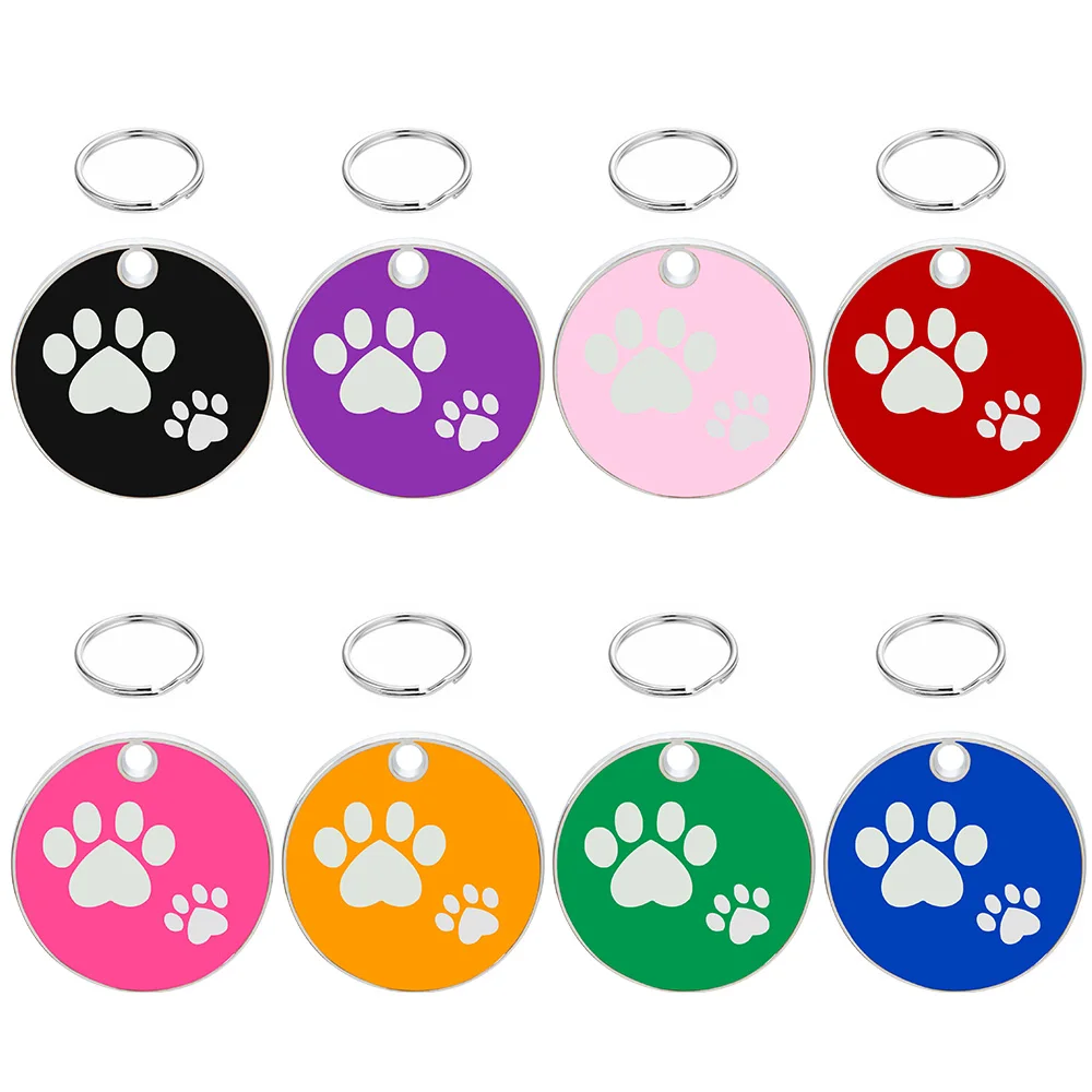 Placa de identificación antipérdida para mascotas, colgante de Metal con forma de pata redonda, letras de Color, accesorios para el cuello en blanco, 20 unidades - imagen 3