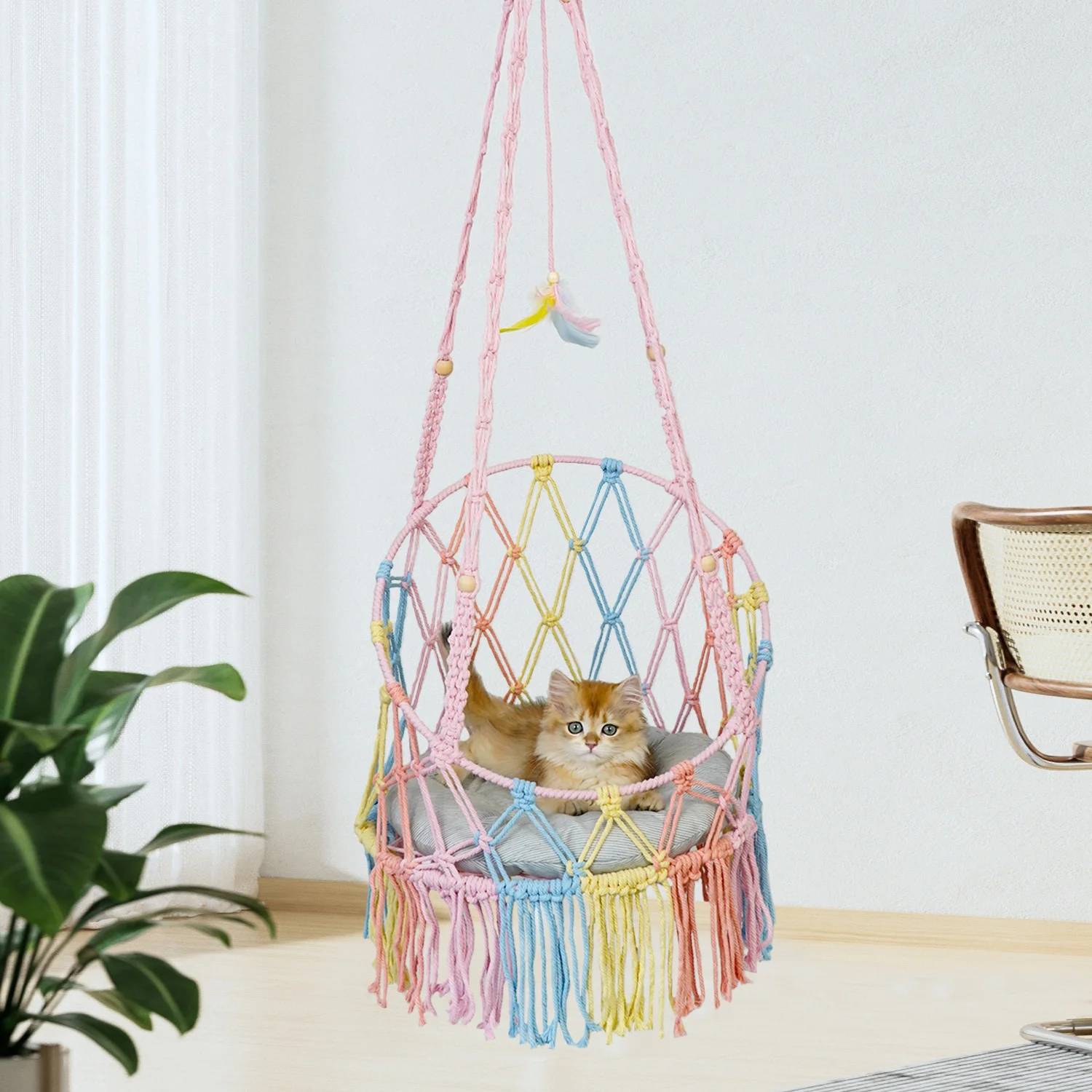 Hamaca macramé boho cama colgante con borlas juguete plumas para gatos - imagen 5