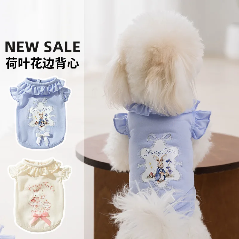 Pet primavera perro hoja de loto encaje dibujos animados perro pequeño Teddy camiseta sin mangas gato manga voladora dos piernas abrigo ropa para mascotas camisa