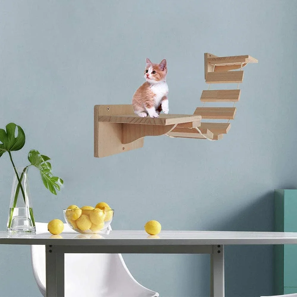Árbol para gatos montado en la pared de madera maciza, escalera de sisal, hamaca para gatos, poste para rascar. Adecuado para gatos para jugar y descansar. - imagen 4