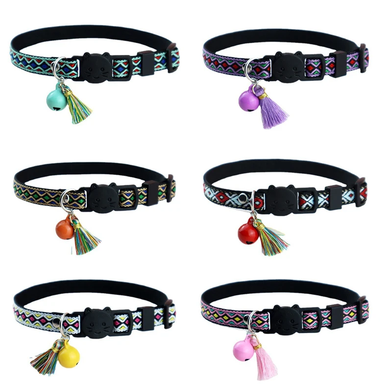 Collar étnico para mascotas de Jacquard, collar de gato ajustable con borla, colgante de campana, hebilla de seguridad, correa para el cuello de gatito, collar de cachorro - imagen 2