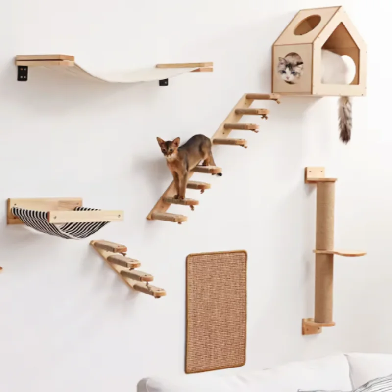 Estantes para gatos montados en la pared, poste rascador para plataforma de salto para gatos y hamaca para gatos, escalera de cuerda, muebles de madera para pared, 1 ud. - imagen 2
