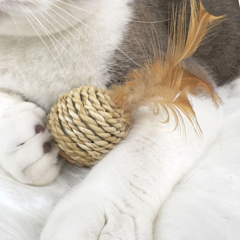 2 uds juguetes para gatos con plumas y campana, juego de anillos y bolas de ratán tejidas a mano para gatito, juego interactivo con sonido para autocalmante - imagen 4