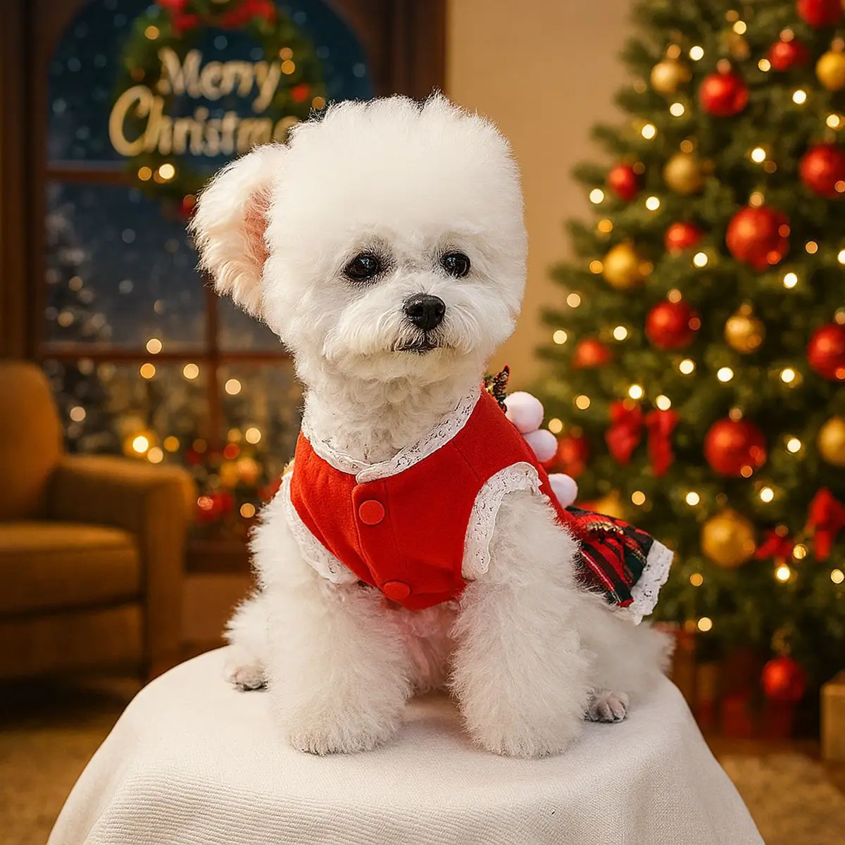 Vestido de Navidad de otoño/invierno para mascotas, vestido a cuadros rojo con bonito gatito para mascotas de Halloween, vestidos para perros pequeños, ropa para cachorros - imagen 2