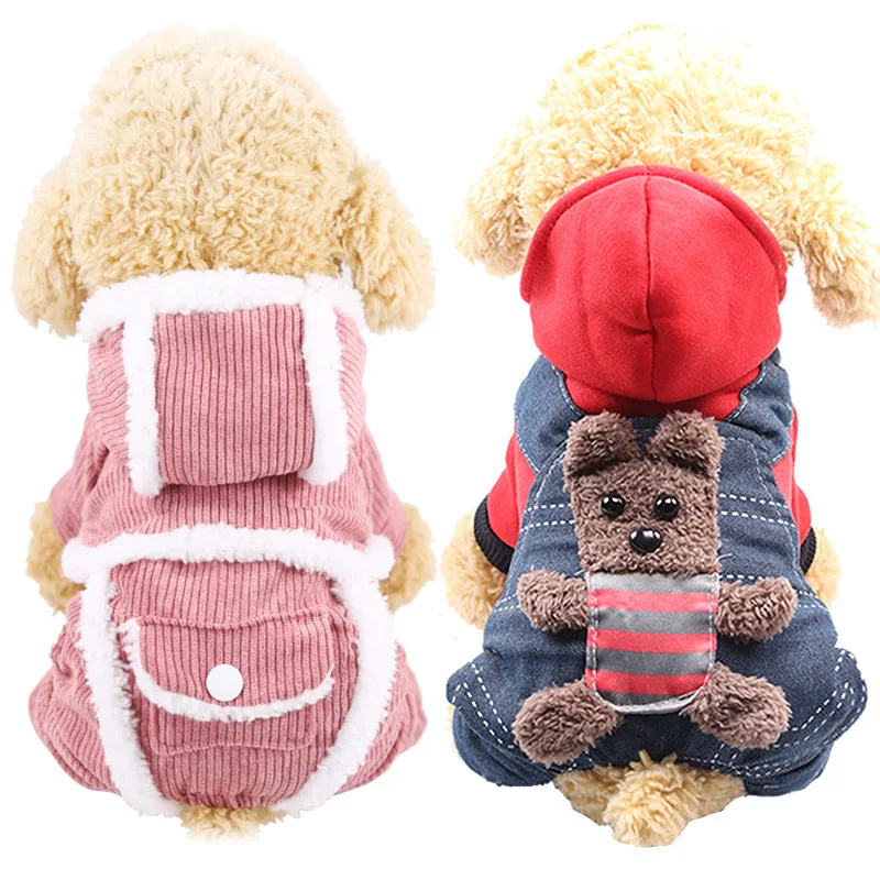 Abrigo de invierno para perros de pana de doble capa, chaqueta gruesa y cálida para perros y gatos pequeños y medianos, traje para cachorros con capucha y forro polar