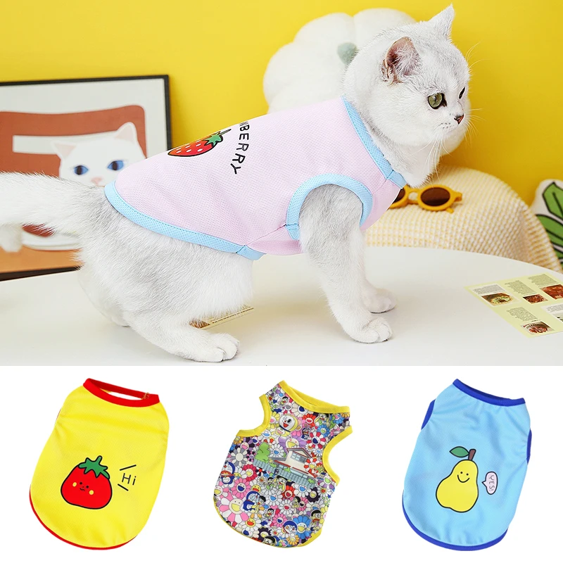 Chaleco con estampado de dibujos animados para gatos y cachorros, ropa de verano para mascotas para perros pequeños y gatos, ropa fina de malla para gatitos y Sphynx, traje para chat