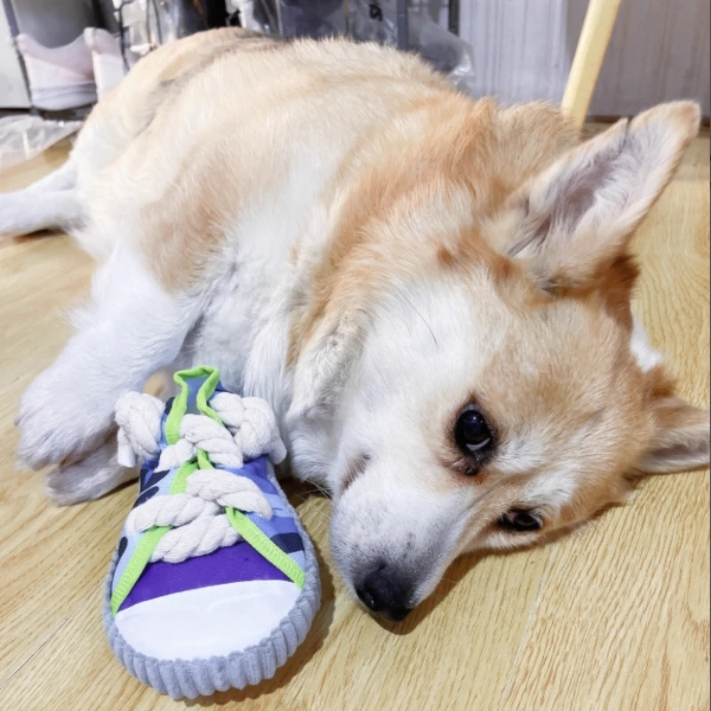 Juguete interactivo para masticar para perros, juguete de cuerda con forma de zapatillas para limpieza de dientes, zapatos molares para cachorros resistentes a mordeduras chirriantes - imagen 3