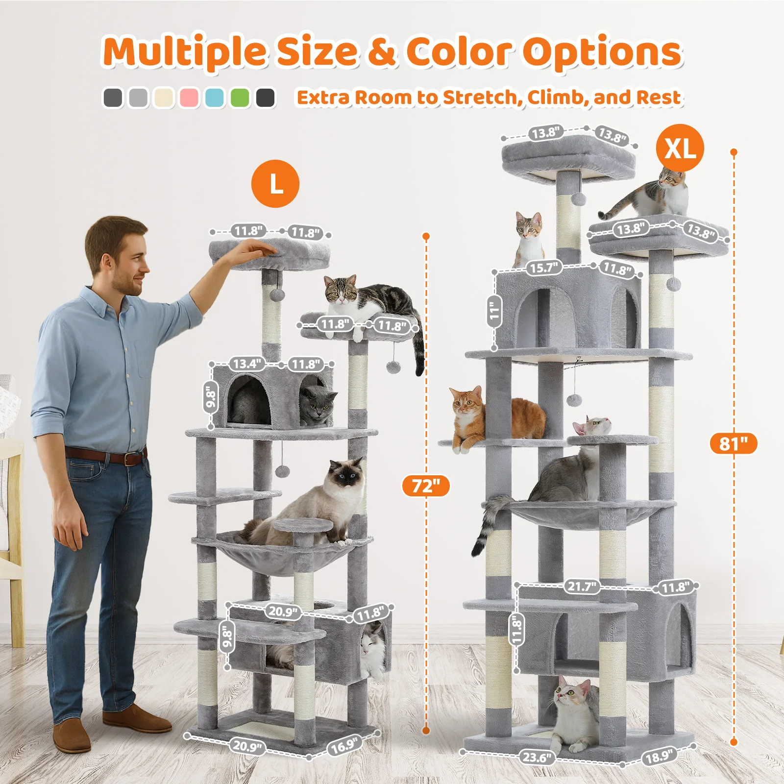 Torre de árbol para gatos de 205cm de alto condón doble, hamaca y perchas de gran tamaño, condón extra grande XL con postes rascadores para gatos grandes - imagen 4