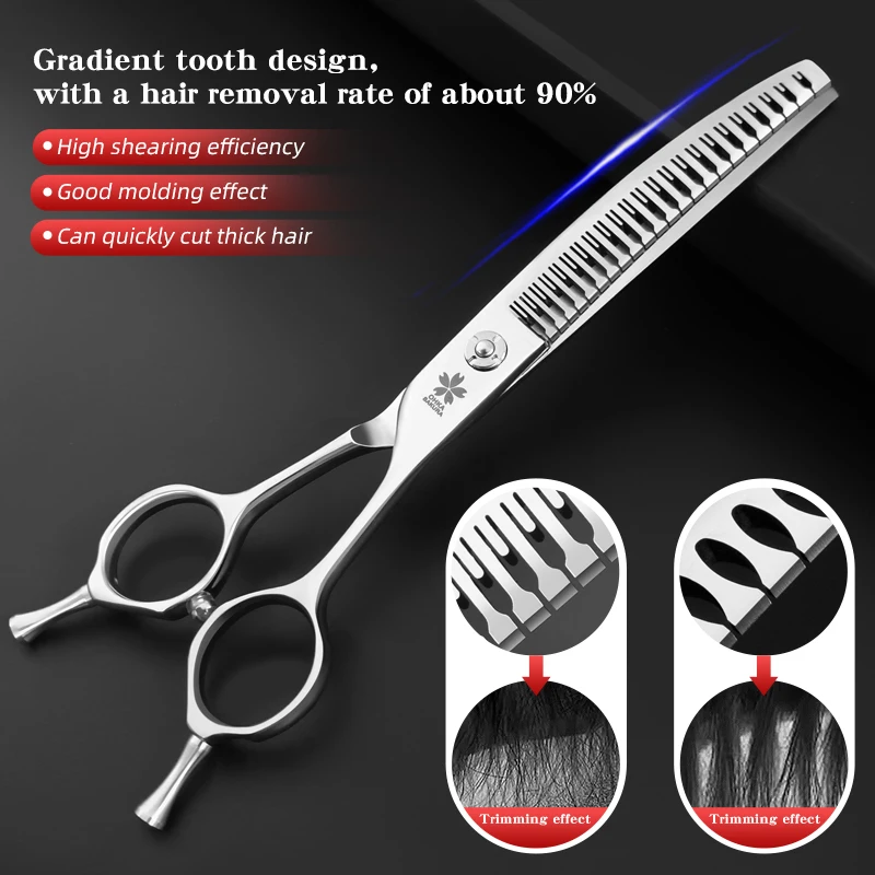 Tijeras de adelgazamiento natural para el cuidado de mascotas, 7,25/7,5 pulgadas, acero VG10, gradiente 5D, sin costuras, doblado de dientes, eliminación del 90% - imagen 3
