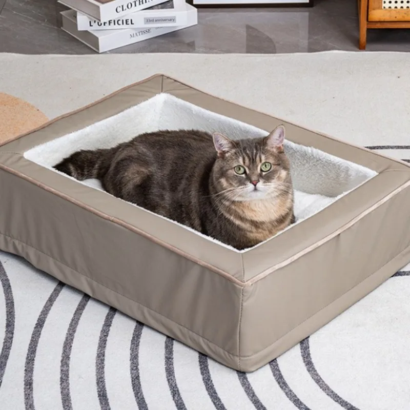 Cama cálida de invierno para gatos, cama de cuero impermeable antideslizante de forma cuadrada para perros y gatos, productos para suministros para mascotas, accesorios para el hogar - imagen 4