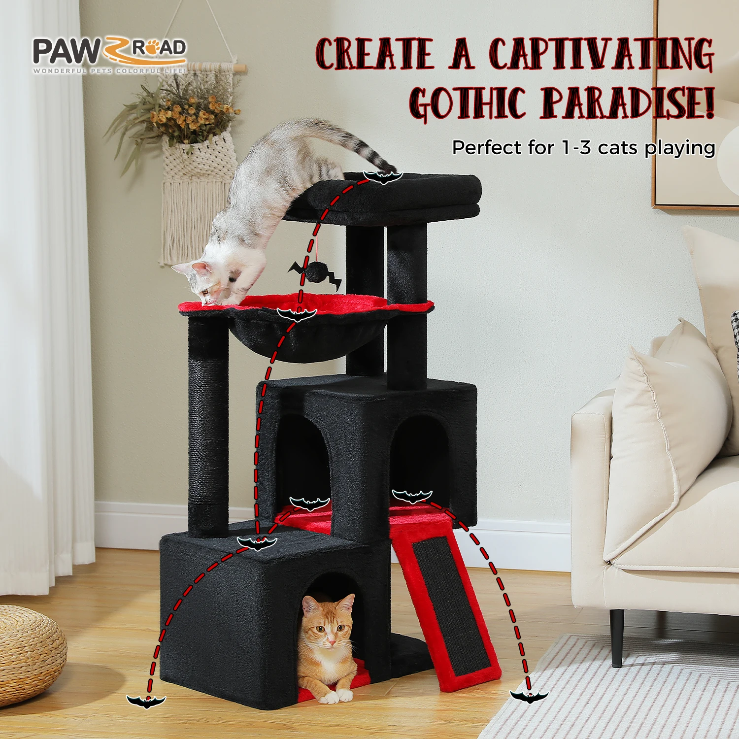Torre de árbol para gatos pequeña con condón espaciosos, poste rascador, hamaca acogedora, pompón para 1-3 gatos de interior, accesorios para gatos, muebles para gatos