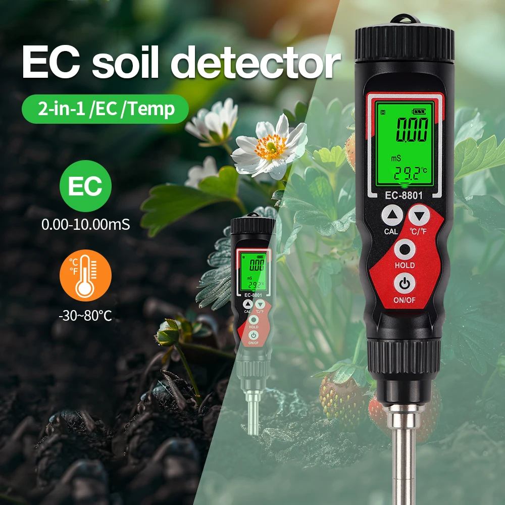 Medidor EC de suelo 2 en 1, probador de suelo Digital de mano, Detector de temperatura EC multifunción, analizador EC de suelo retroiluminado para jardín e invernadero - imagen 2