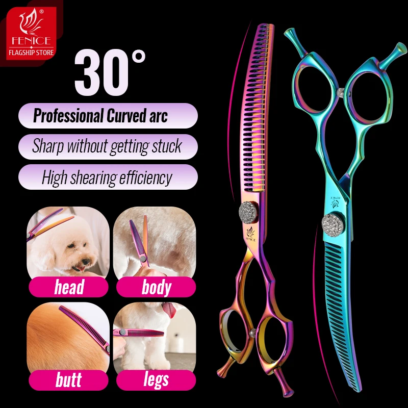 Fenice Grooming Scissors Diamond Screw 7.25 Inch Professional Curved Chunker Scissors Thinner Shears for Pet Beautician Tesoura - imagen 3
