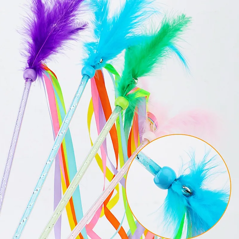 Juguetes interactivos de plumas para gatos, borla con campana, mango largo, suministros para mascotas - imagen 5