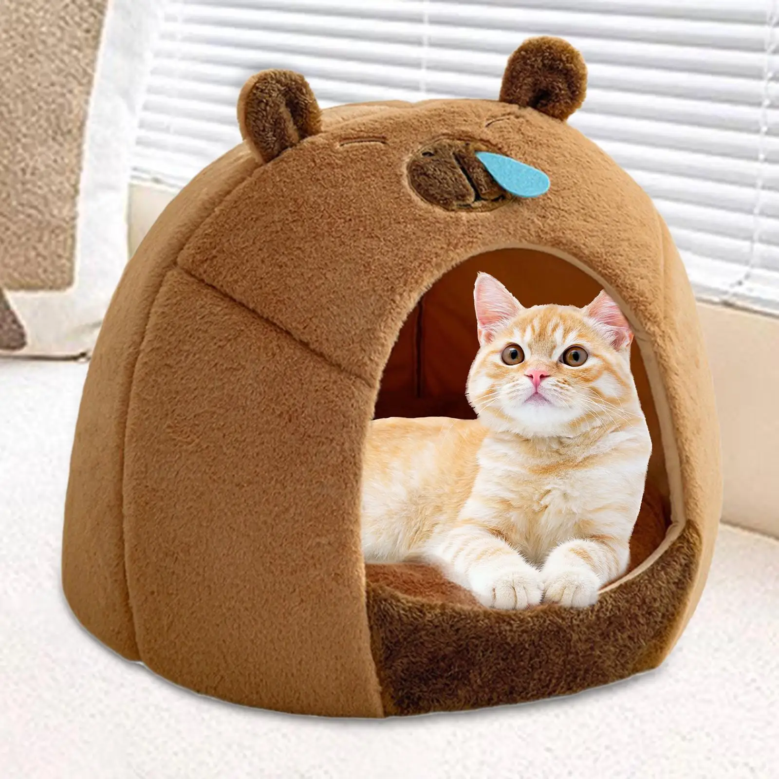 Nido para Gato semicerrado, cama para perros y gatos, forma de Kapibala, perrera portátil autocalentable, suministros para mascotas, casa de cueva para cachorros - imagen 2