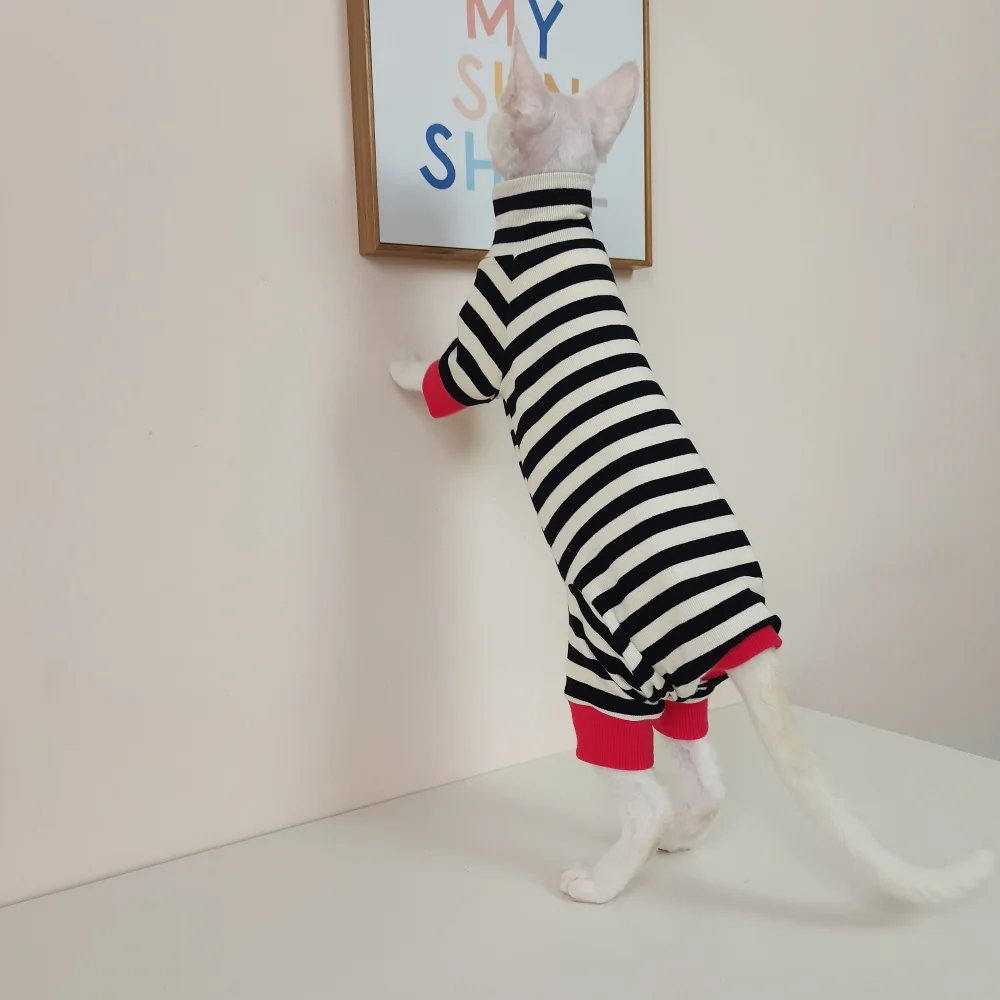 Gato sin pelo Abrigo de rayas negras en otoño Camiseta interior de algodón grueso de invierno de 4 patas para Sphynx Cat Sudadera de cuello alto para gatito - imagen 4