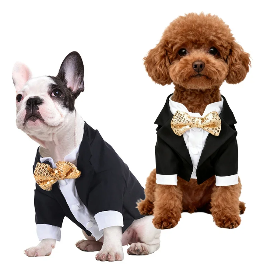 Chaquetas de boda para mascotas, traje para perros con pajarita, ropa Formal para cachorros, camisa de esmoquin, ropa de caballero para perros pequeños y medianos y gatos - imagen 5