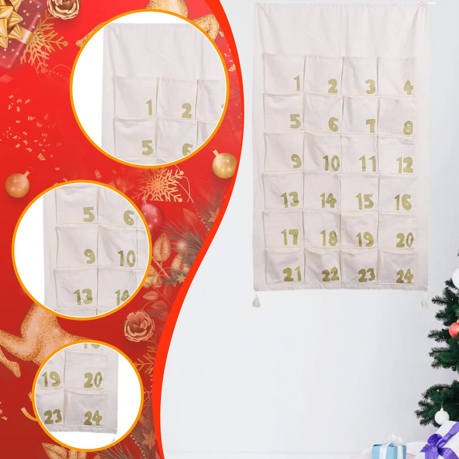 Christmas 24 Day Advent Calendar with Pockets Reusable Organizer Fireplace Housewarming Festival Storage for Thanksgiving
