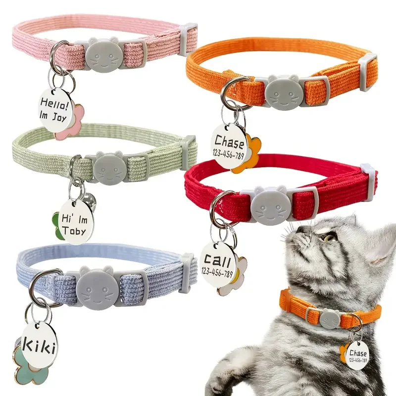 Placa de identificación personalizada para mascotas, colgante de flor de pana ajustable, Collar con etiqueta de identificación para gatos, Collar de cuello separable para perros pequeños, cachorros y gatitos
