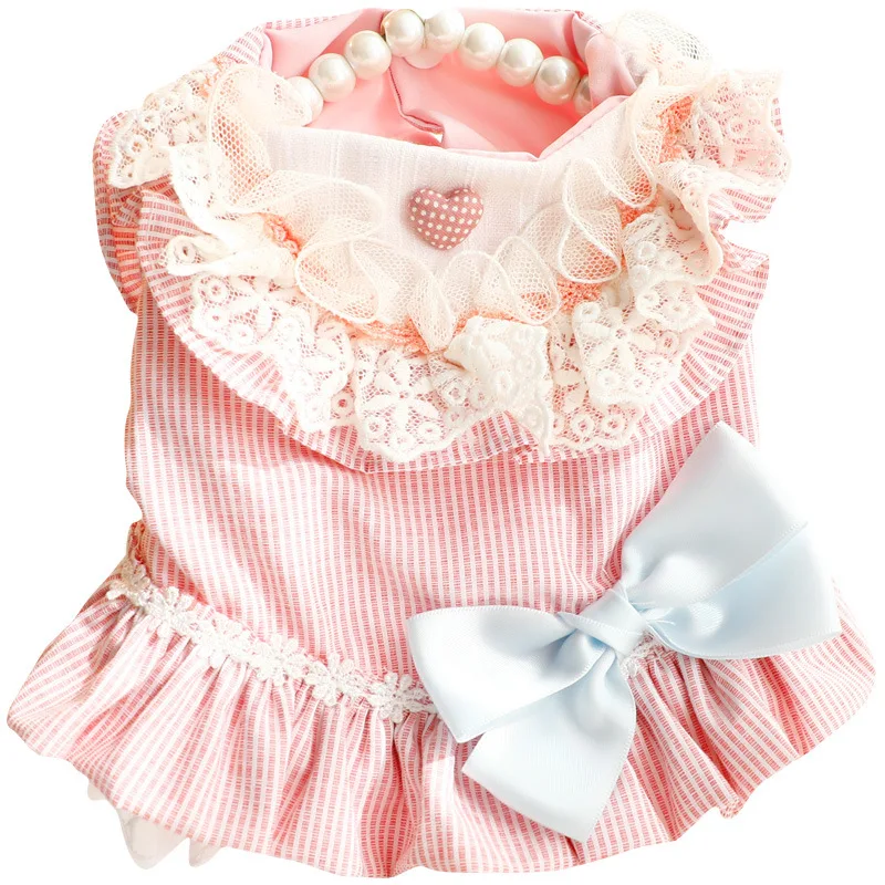 Nuevo atuendo de primavera/verano para perros y gatos, elegante vestido de princesa con vestido de encaje a rayas y anillo en D para perros pequeños - imagen 5