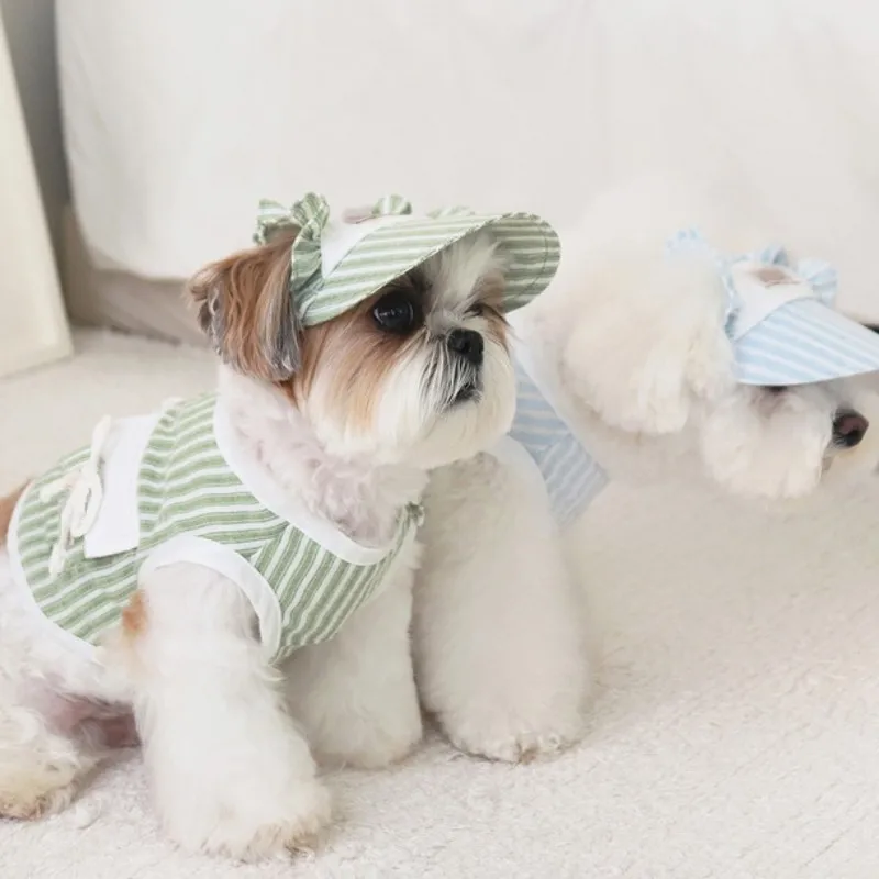Ropa para perros con sombrero, conjunto de chaleco para mascotas, camiseta a rayas para perros, disfraz bonito para cachorros y gatitos, Chihuahua Bichon, ropa refrescante para niñas con hebilla - imagen 3