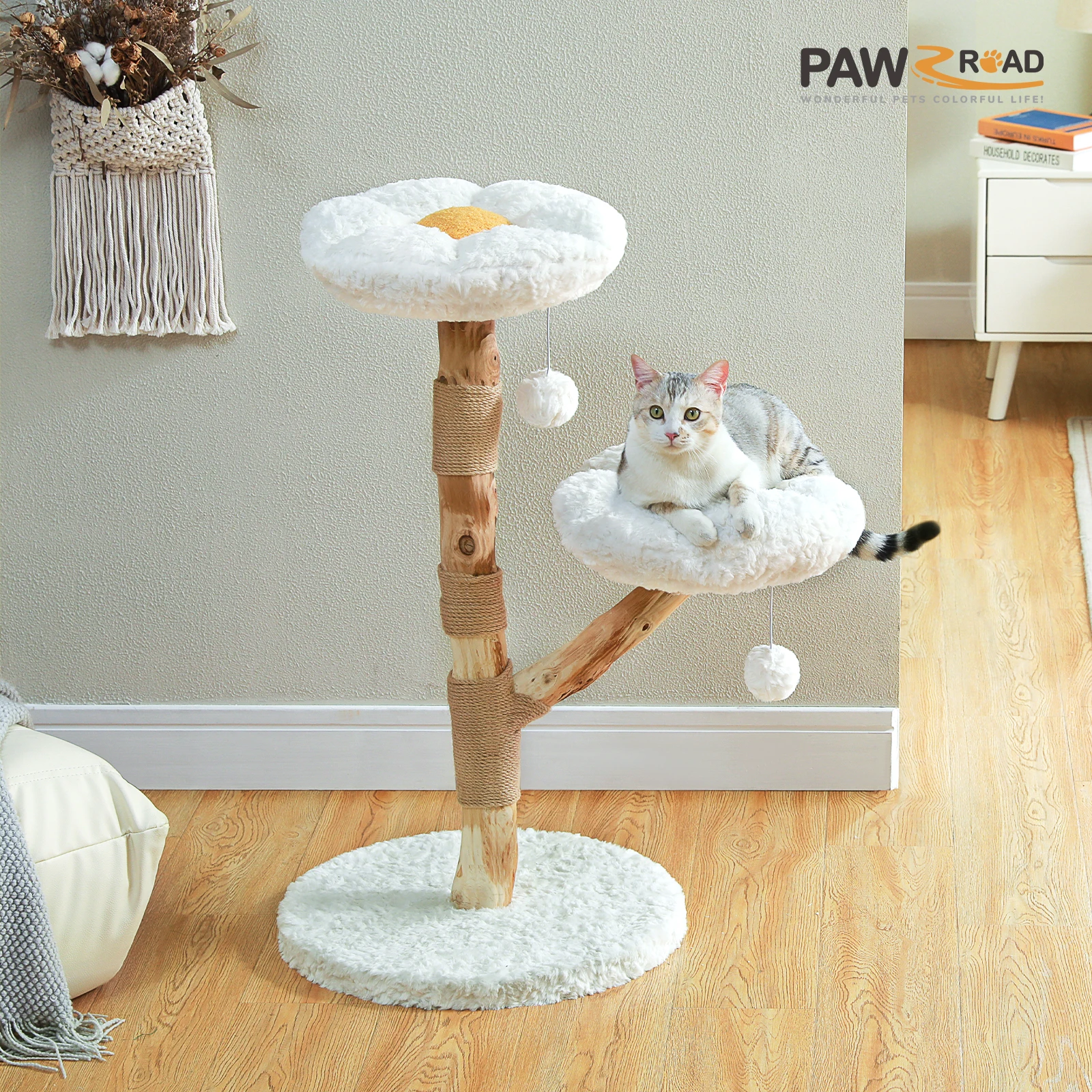 Torre moderna de árbol para gatos con postes rascadores de madera maciza Natural, bonita cesta de mimbre, cama de condón para gatos de lujo para juguetes de interior para gatos - imagen 5