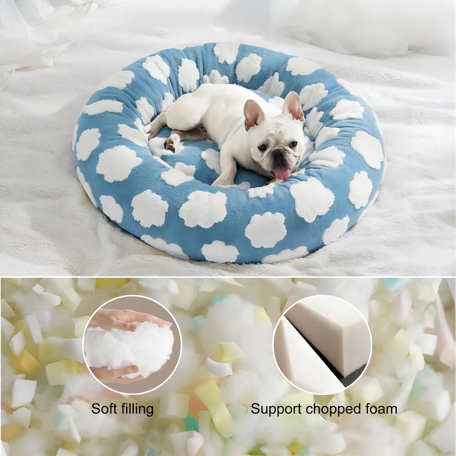 Perrera para perros pequeños con nubes de cielo, bonita cama para mascotas con forma de Donut, camas lavables para cachorros, sofá acogedor, camas redondas antideslizantes de felpa peluda para gatos - imagen 3