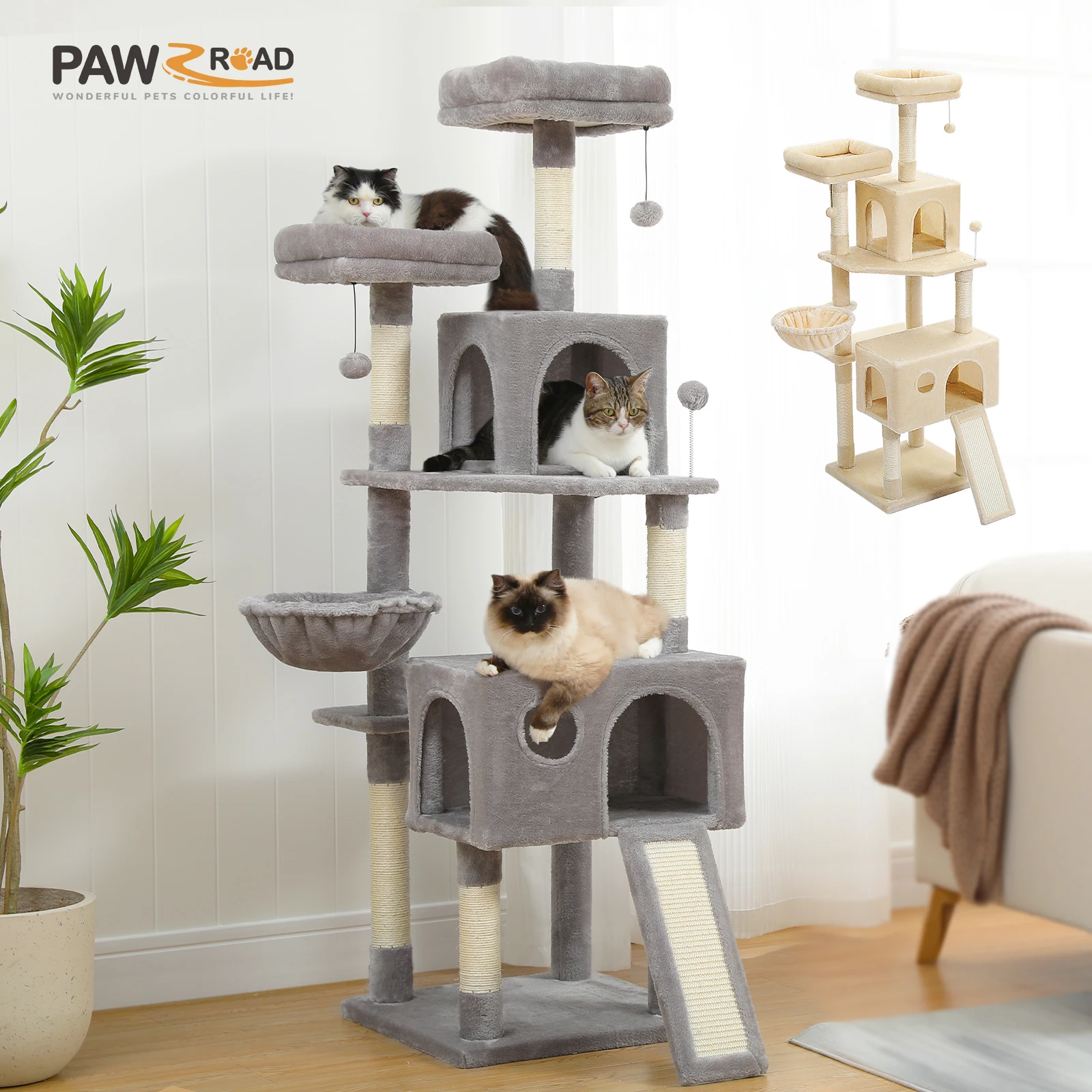 Torre de árbol para gatos de varios niveles con postes rascadores, Condo suave, hamaca, tablero para rascar gatos, pompones, accesorios para gatos, para gatos de interior - imagen 3