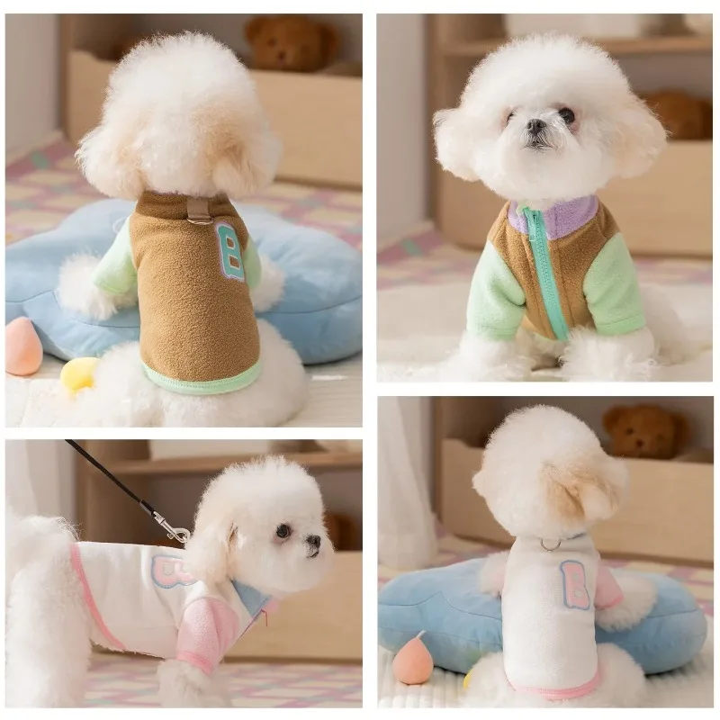 Ropa de felpa para mascotas, ropa cálida de invierno de colores contrastantes, suéter con cremallera de peluche, chaqueta de lana con correa de dos patas, ropa para perros - imagen 4