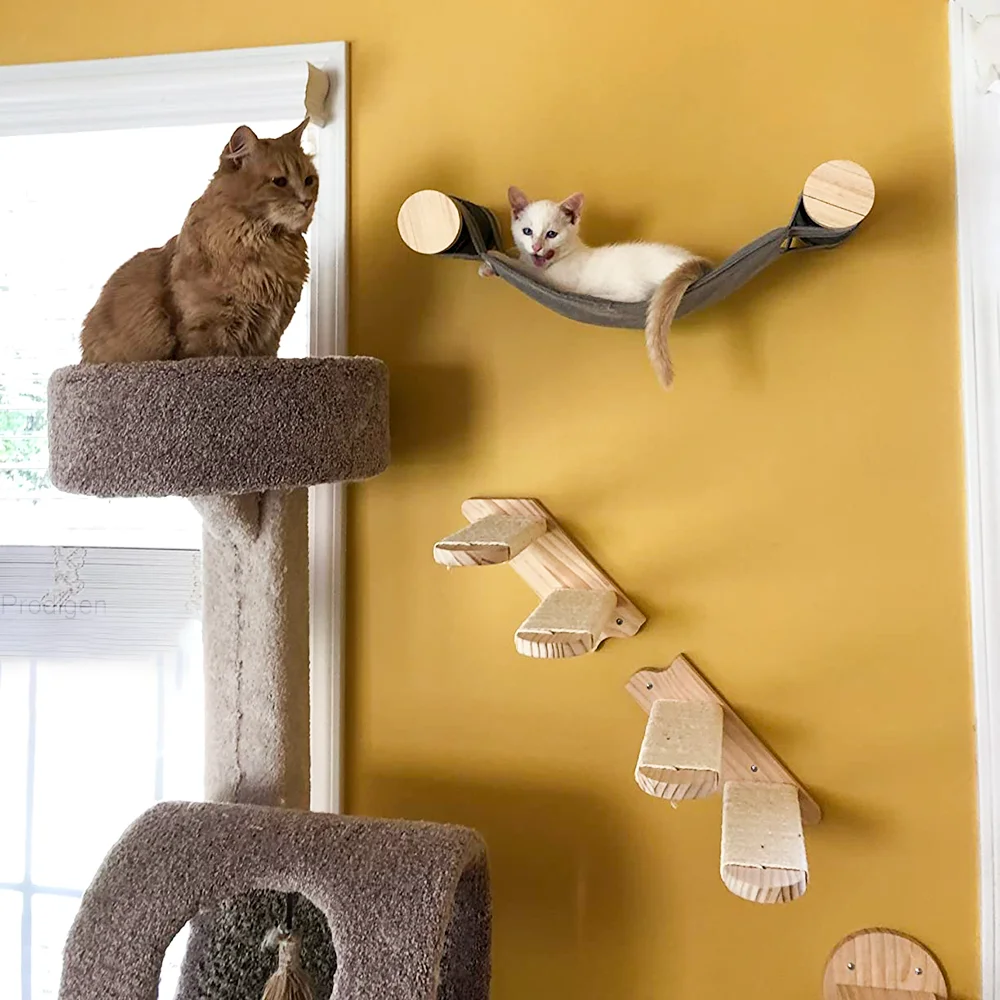 Árbol para gatos montado en la pared, estantes de madera para escalar gatos, plataforma para saltar o hamaca con escalera para muebles de patio de juegos para gatitos - imagen 5