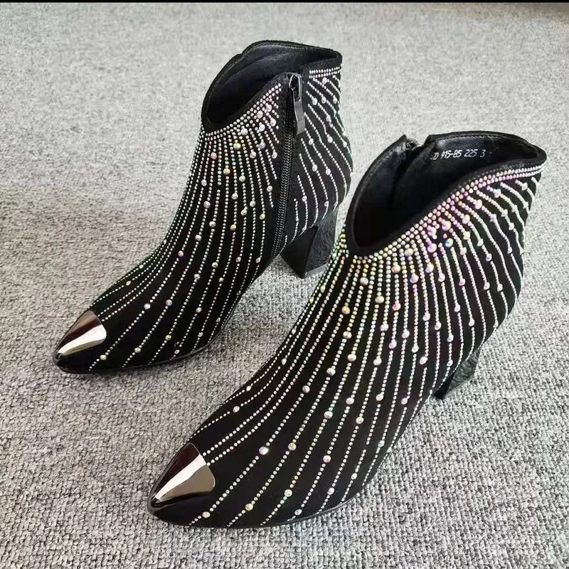 Botines con diamantes de imitación para mujer, Botas cortas brillantes con cremallera lateral y Punta puntiaguda, color negro, otoño e invierno, novedad de 2022 - imagen 5