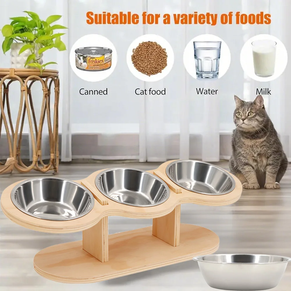 Comedero elevado de madera para mascotas, 3 cuencos de acero inoxidable para gatos, inclinados, antiobstrucción para gatos y perros, diseño desmontable y fácil de limpiar - imagen 5