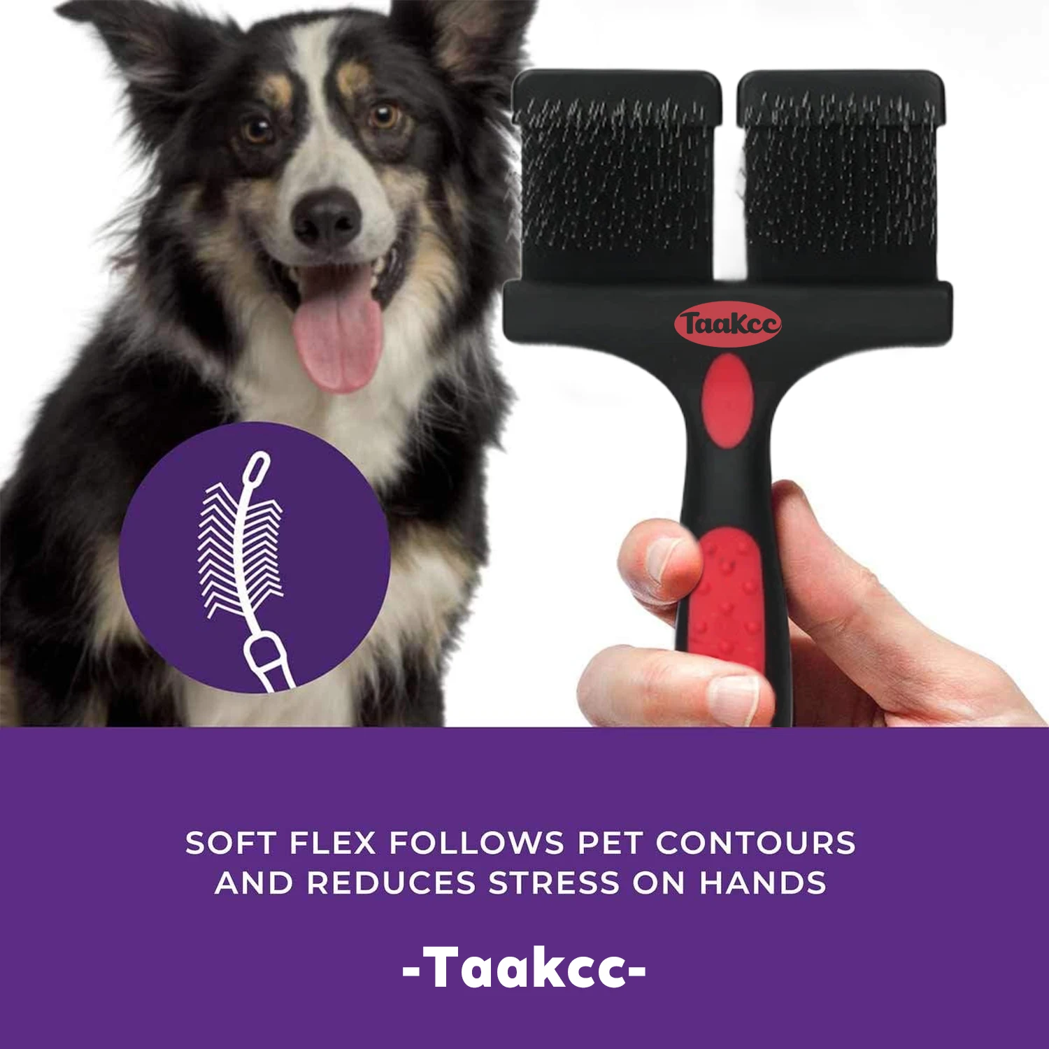 Cepillo rebanador flexible firme de doble cara para mascotas de Taakcc, grado profesional, pasadores de acero inoxidable en ángulo, limpieza de despedida - imagen 5