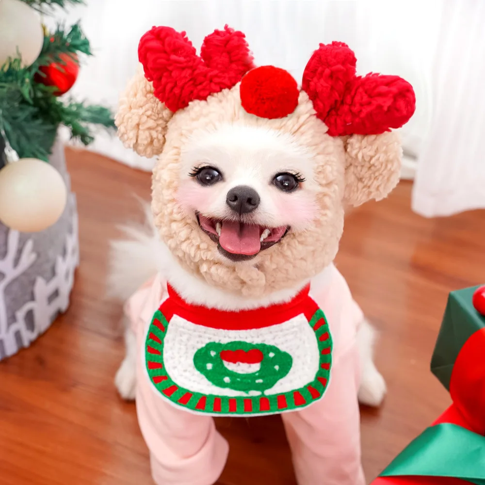 Gorro navideño para mascotas, toalla de Saliva con astas de dibujos animados para perros y gatos, bufanda, regalo de alce, ropa de invierno, accesorio para mascotas - imagen 3