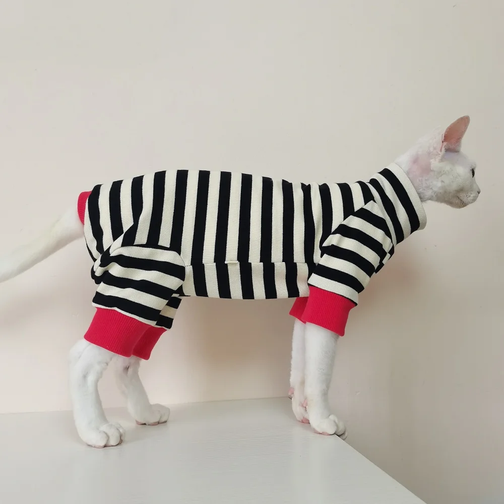 Gato sin pelo Abrigo de rayas negras en otoño Camiseta interior de algodón grueso de invierno de 4 patas para Sphynx Cat Sudadera de cuello alto para gatito - imagen 3