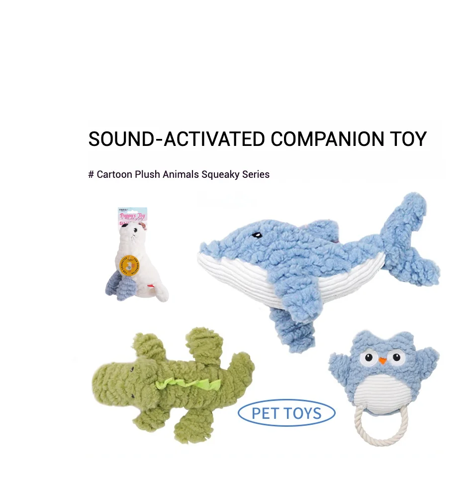 Juguetes para masticar para perros con temática del océano, tiburón de peluche chirriante, cocodrilo, búho, León marino, cuerda de algodón duradera, juguete interactivo de remolque suave y seguro