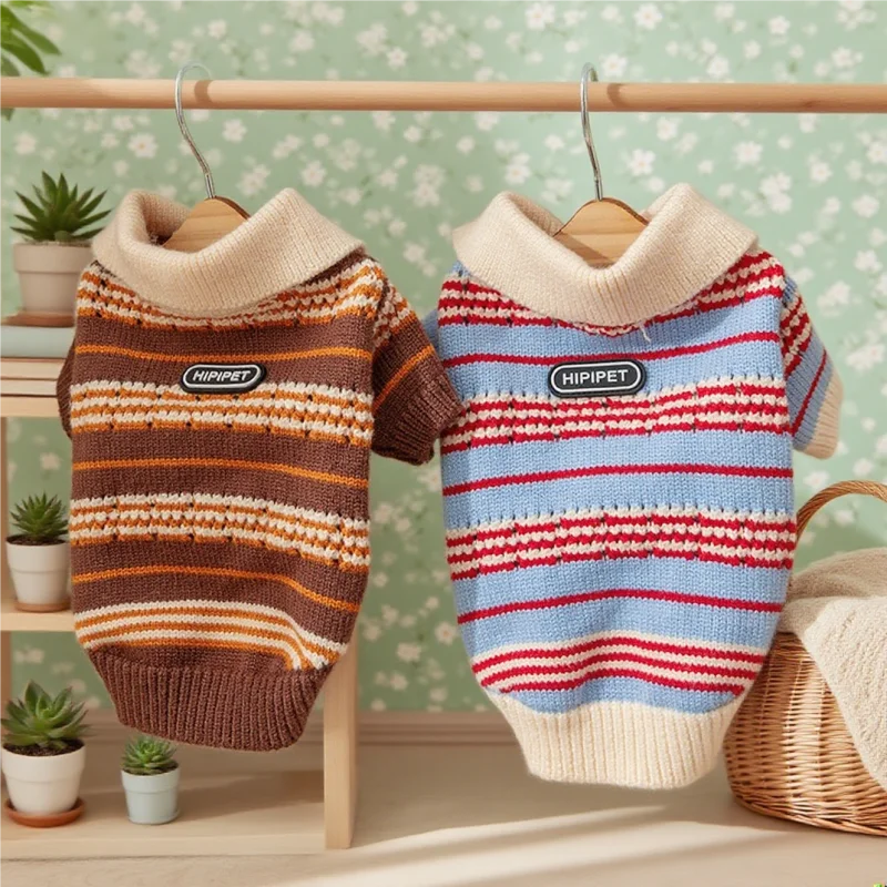 Suéter Polo a la moda para perros, ropa suave de invierno para perros, rayas coloridas, cuello alto de punto para cachorros, suéter para gatos dulces, caniche, suministros para mascotas