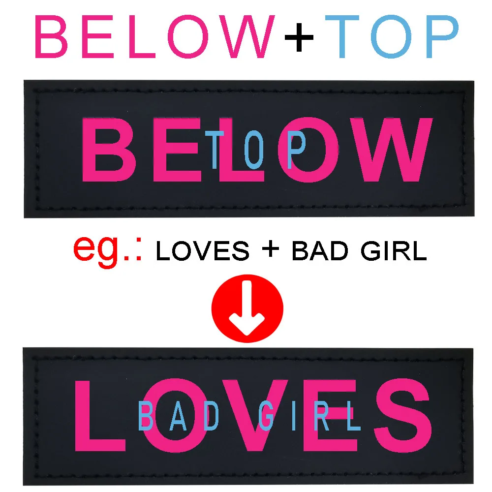 Bicolor-etiqueta de arnés personalizada para perro, etiqueta de identificación con nombre, texto personalizado, llamativo, brillante, recordatorio, accesorios para mascotas, 2 piezas - imagen 3